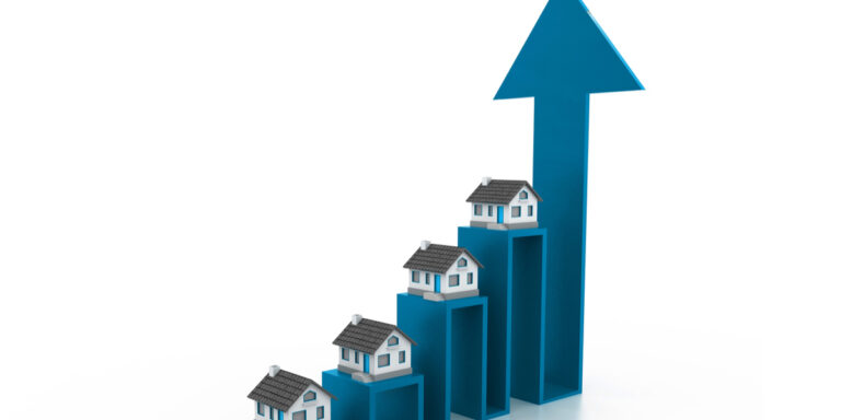 Upwards arrows with house representing real estate activity increasing